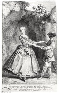 Arlecchino e Colombina in una commedia di Louis de Boissy (1694-1758) incisa da Laurent Cars (1699-1771)